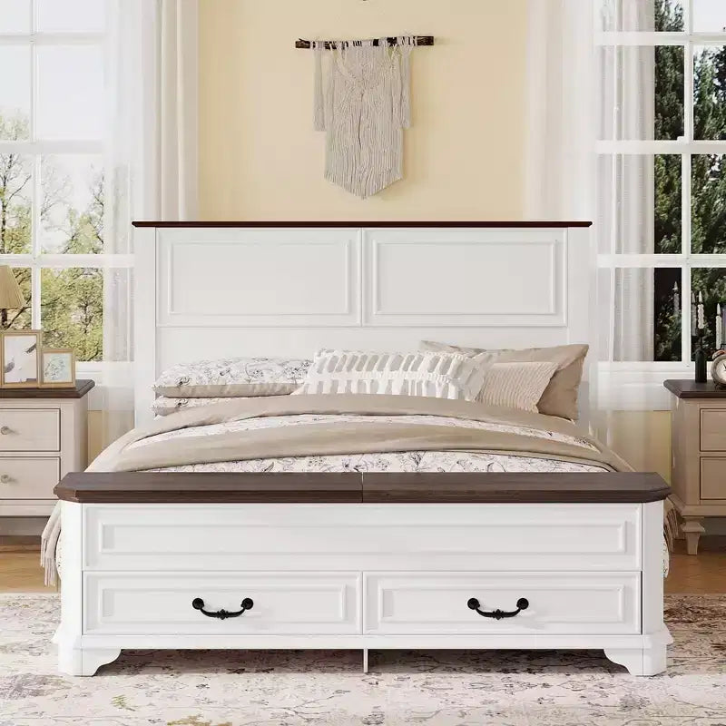Lit Queen Pinewood style ferme avec banc de rangement et 2 grands tiroirs
