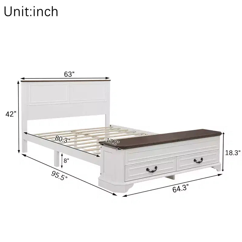 Lit Queen Pinewood style ferme avec banc de rangement et 2 grands tiroirs