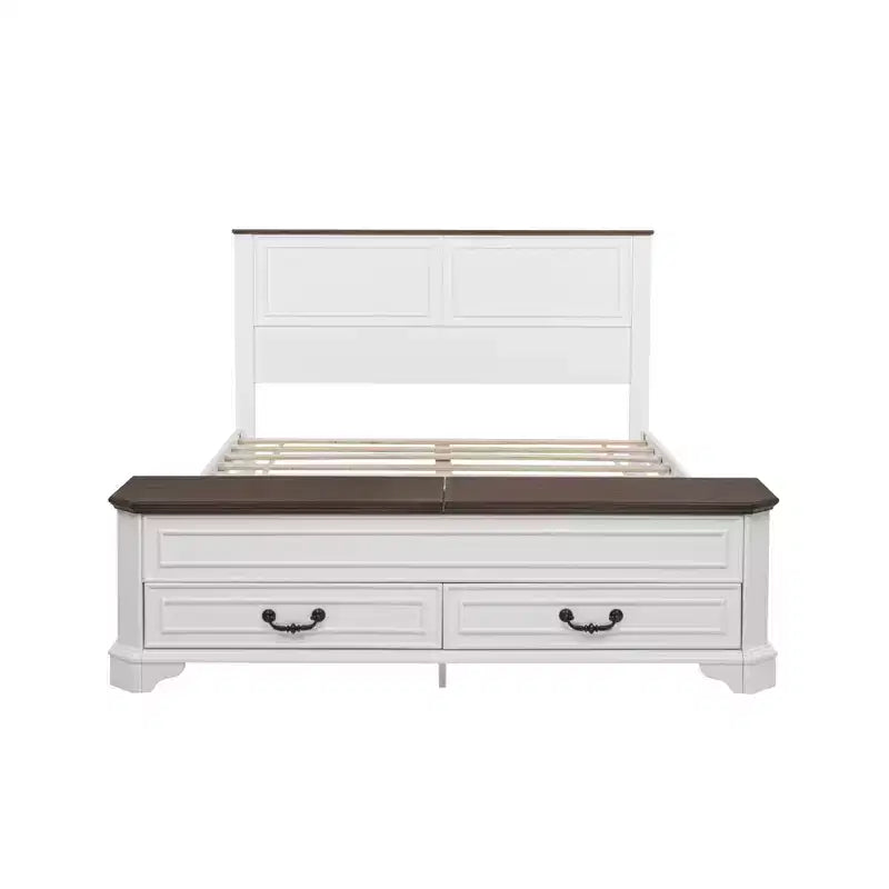 Lit Queen Pinewood style ferme avec banc de rangement et 2 grands tiroirs