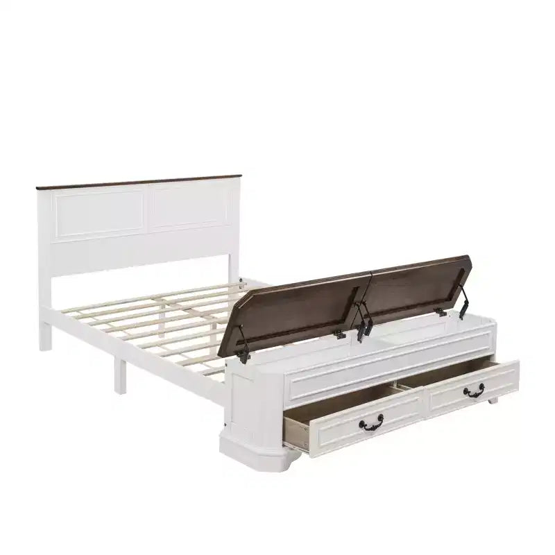 Lit Queen Pinewood style ferme avec banc de rangement et 2 grands tiroirs