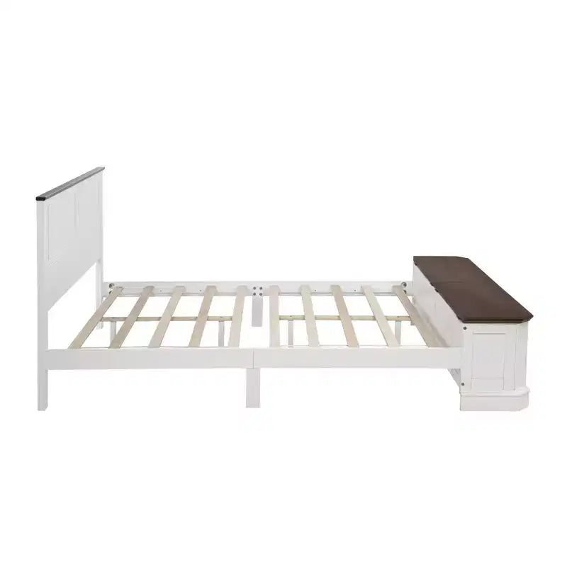 Lit Queen Pinewood style ferme avec banc de rangement et 2 grands tiroirs
