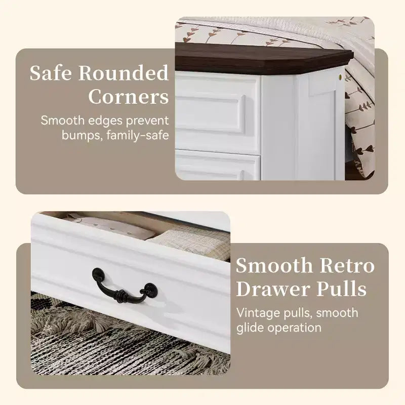 Lit Queen Pinewood style ferme avec banc de rangement et 2 grands tiroirs
