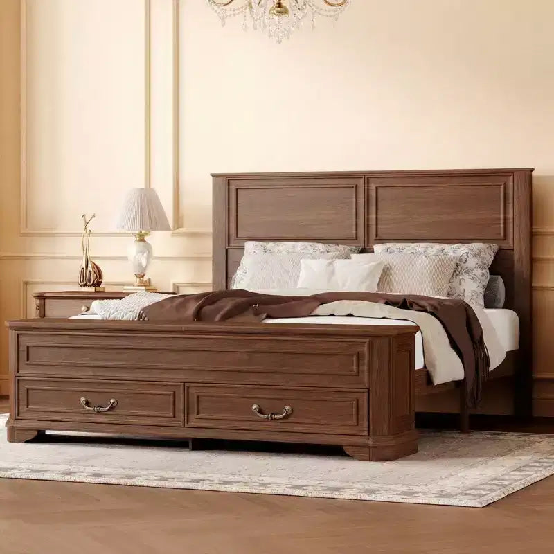 Lit Queen Pinewood style ferme avec banc de rangement et 2 grands tiroirs
