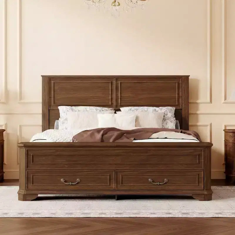 Lit Queen Pinewood style ferme avec banc de rangement et 2 grands tiroirs
