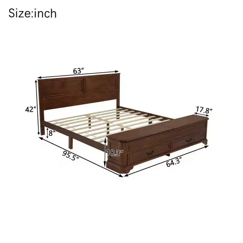Lit Queen Pinewood style ferme avec banc de rangement et 2 grands tiroirs