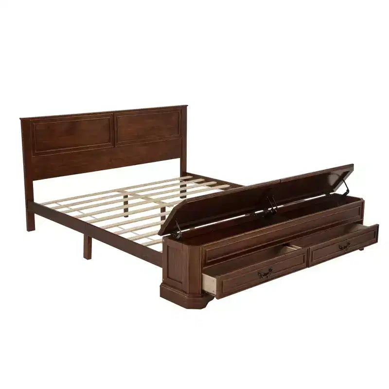 Lit Queen Pinewood style ferme avec banc de rangement et 2 grands tiroirs