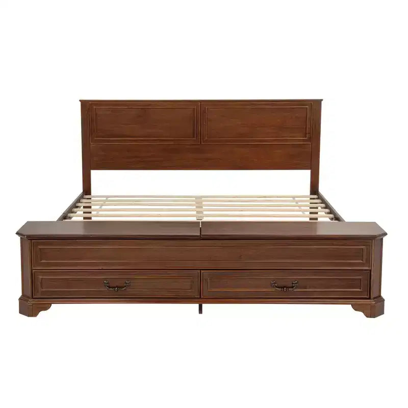 Lit Queen Pinewood style ferme avec banc de rangement et 2 grands tiroirs