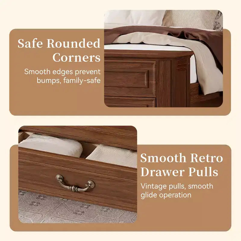 Lit Queen Pinewood style ferme avec banc de rangement et 2 grands tiroirs