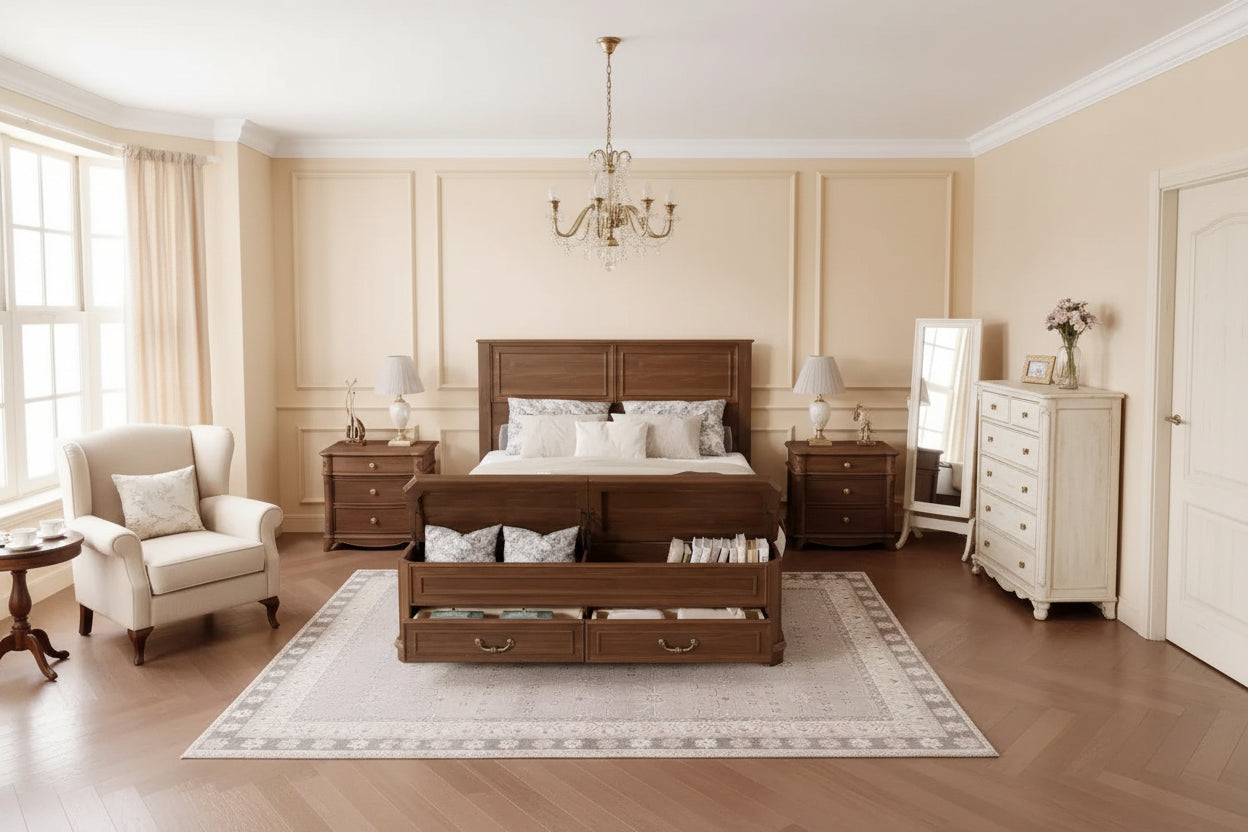 GDFStudio Leonard Farmhouse Style Pinewood Queen Size Bed with Storage Bench and 2 Large Drawers