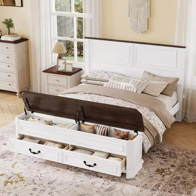 Lit Queen Pinewood style ferme avec banc de rangement et 2 grands tiroirs
