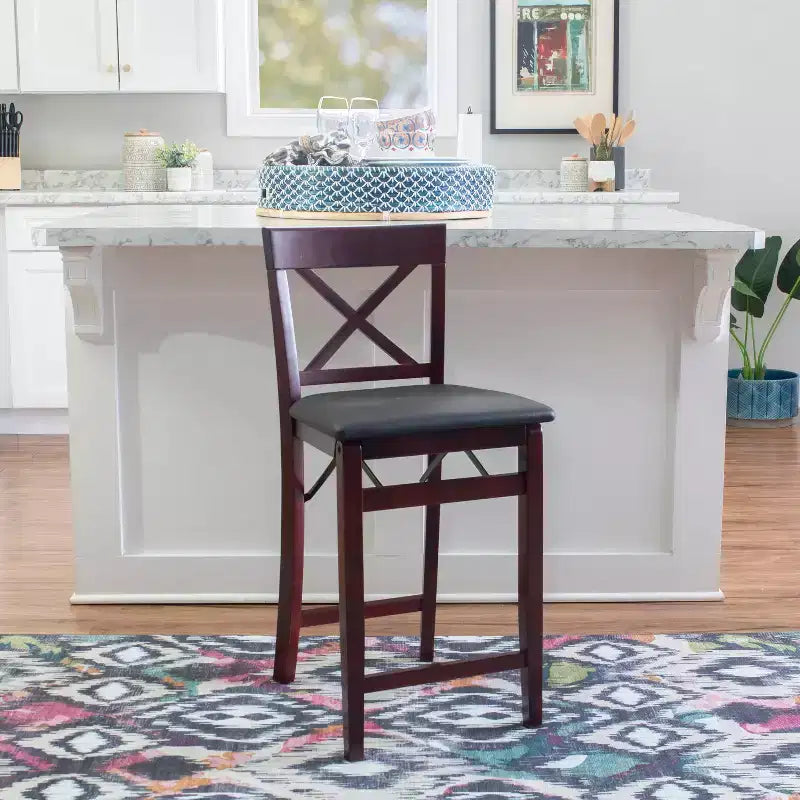 Tabouret de bar pliant X-Back en similicuir – Espresso, Siège rembourré, Hauteur 61-86 cm
