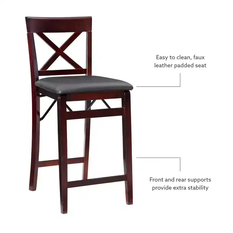 Tabouret de bar pliant X-Back en similicuir – Espresso, Siège rembourré, Hauteur 61-86 cm