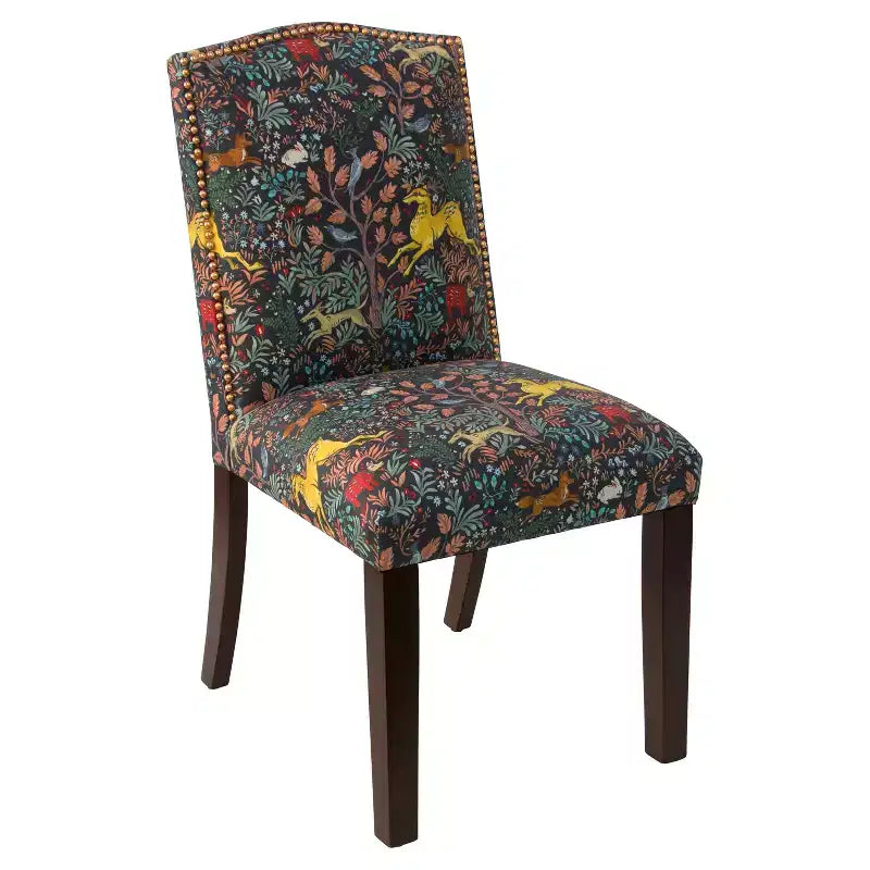 Chaise de salle à manger motif clou tapissier marine – Mélange lin-coton, dossier incurvé, pieds en bois fuselés