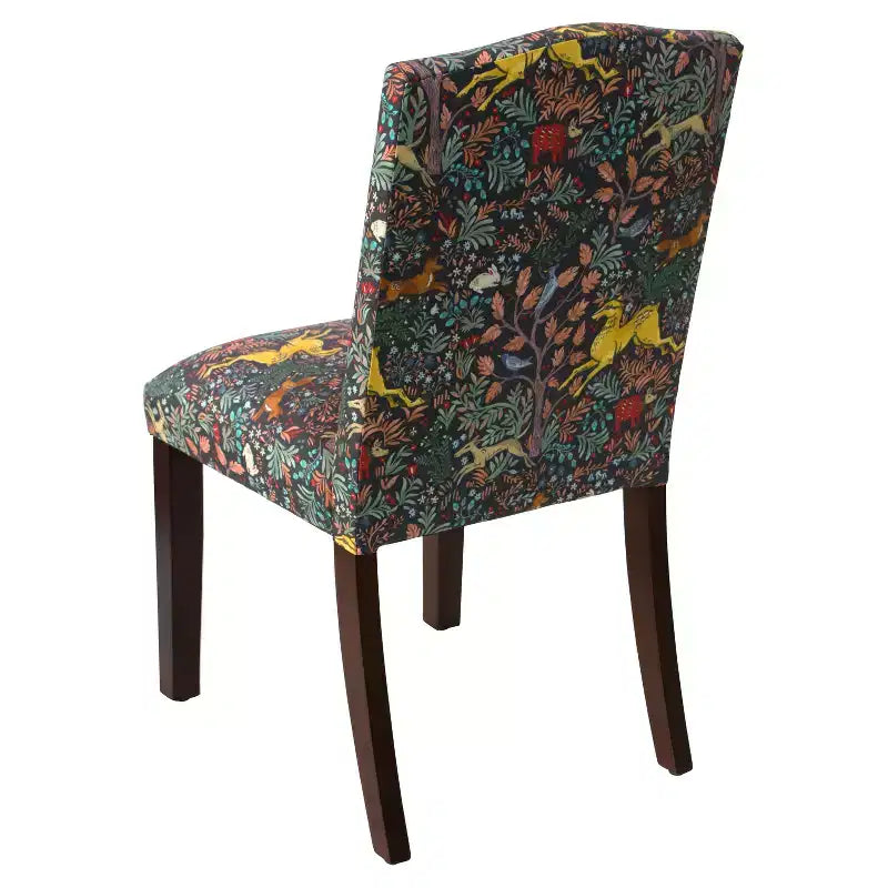 Chaise de salle à manger motif clou tapissier marine – Mélange lin-coton, dossier incurvé, pieds en bois fuselés