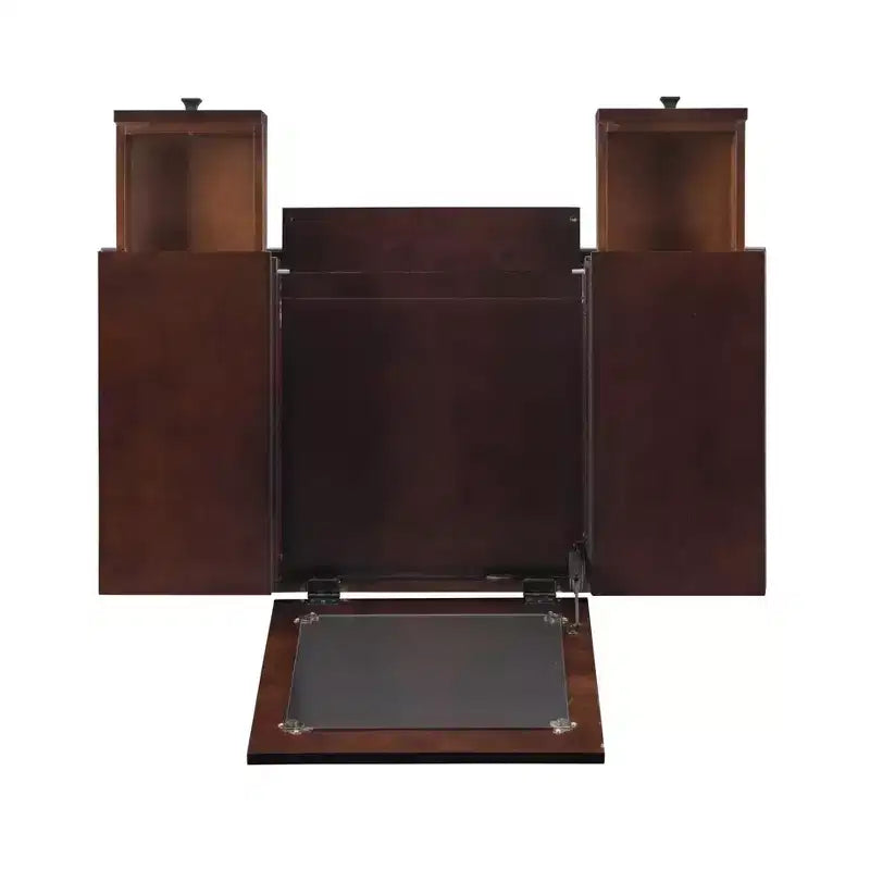 Coiffeuse traditionnelle en noyer avec miroir escamotable, 2 tiroirs et tabouret rembourré crème