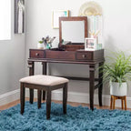 Coiffeuse traditionnelle en noyer avec miroir escamotable, 2 tiroirs et tabouret rembourré crème