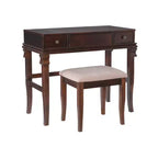 Coiffeuse traditionnelle en noyer avec miroir escamotable, 2 tiroirs et tabouret rembourré crème