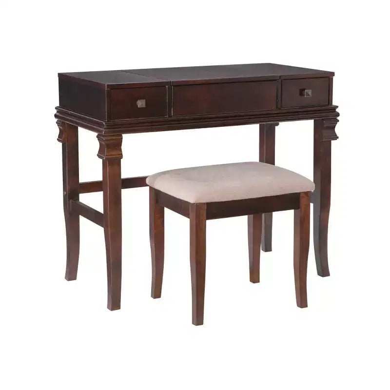 Coiffeuse traditionnelle en noyer avec miroir escamotable, 2 tiroirs et tabouret rembourré crème