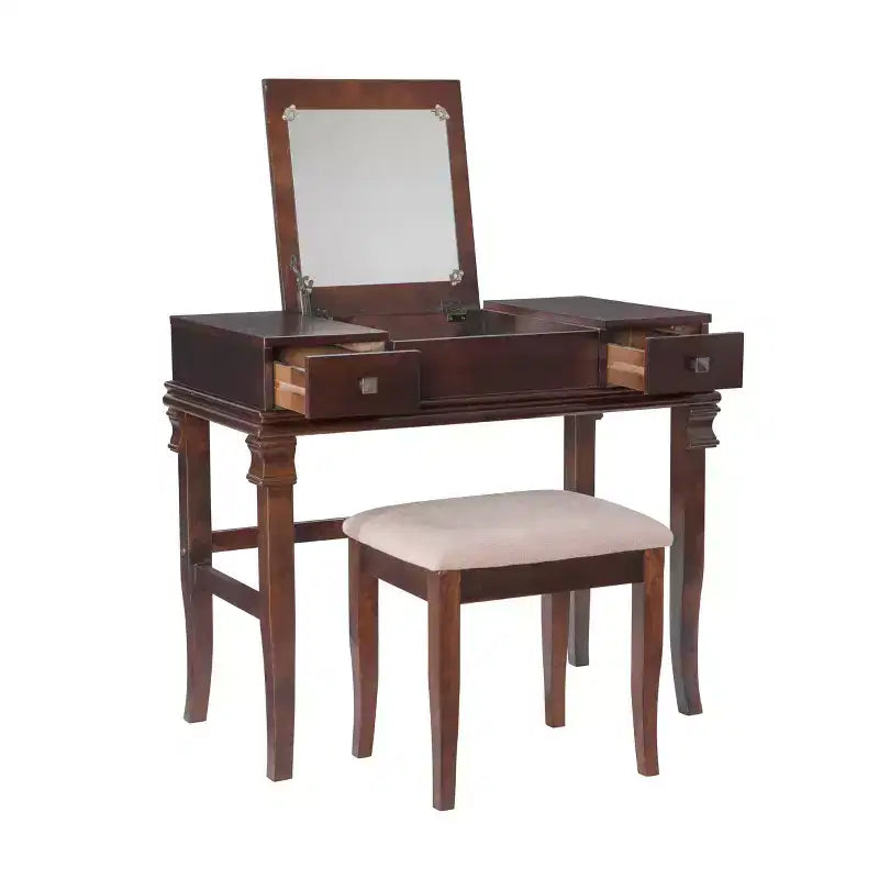 Coiffeuse traditionnelle en noyer avec miroir escamotable, 2 tiroirs et tabouret rembourré crème