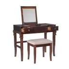 Coiffeuse traditionnelle en noyer avec miroir escamotable, 2 tiroirs et tabouret rembourré crème