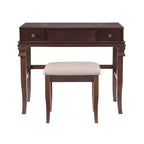 Coiffeuse traditionnelle en noyer avec miroir escamotable, 2 tiroirs et tabouret rembourré crème