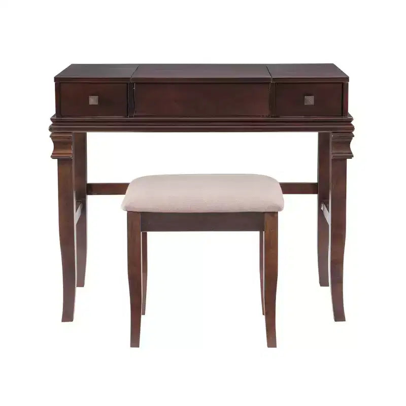 Coiffeuse traditionnelle en noyer avec miroir escamotable, 2 tiroirs et tabouret rembourré crème