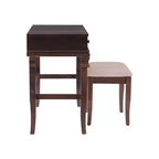 Coiffeuse traditionnelle en noyer avec miroir escamotable, 2 tiroirs et tabouret rembourré crème