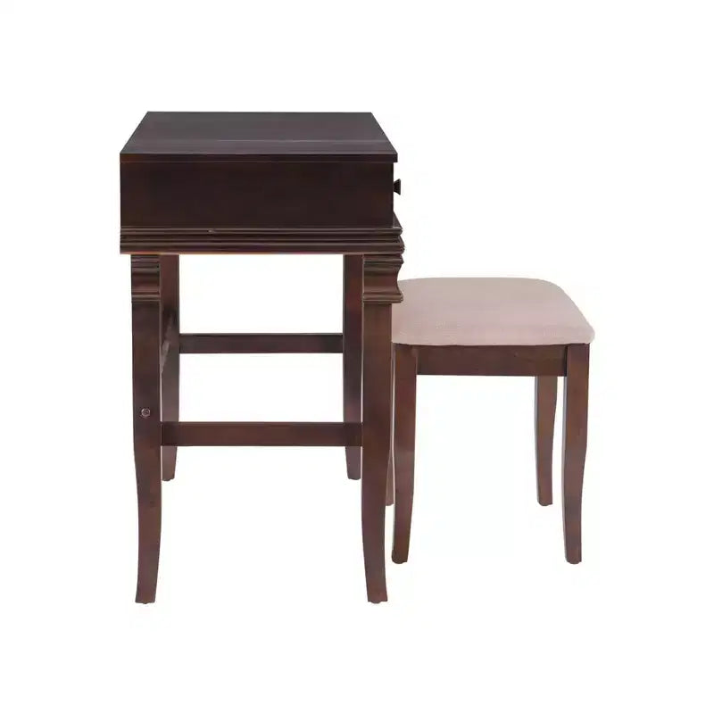 Coiffeuse traditionnelle en noyer avec miroir escamotable, 2 tiroirs et tabouret rembourré crème