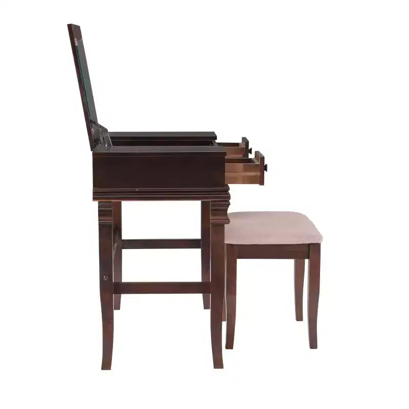 Coiffeuse traditionnelle en noyer avec miroir escamotable, 2 tiroirs et tabouret rembourré crème