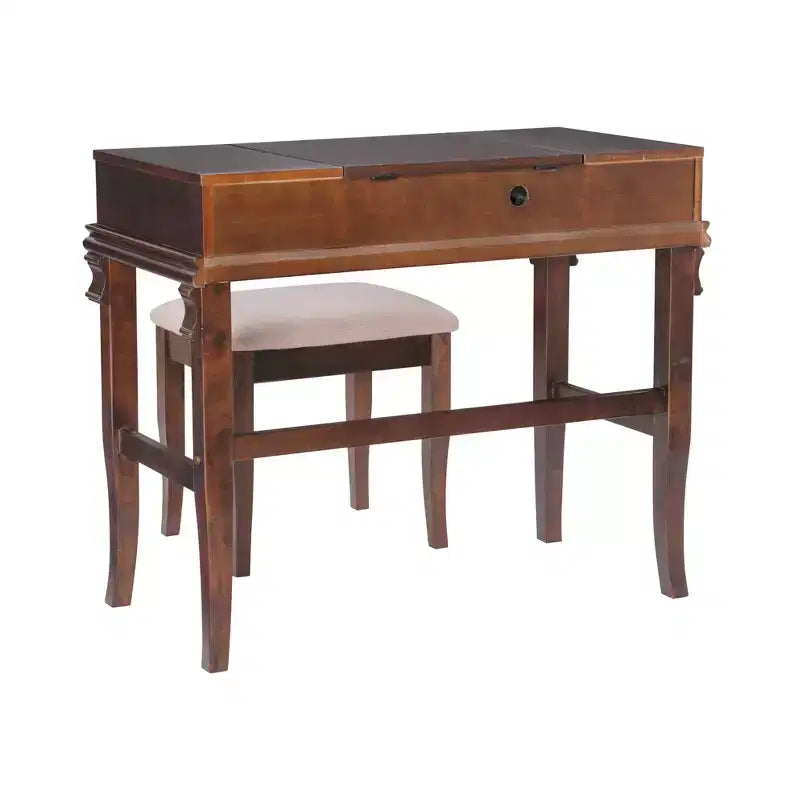 Coiffeuse traditionnelle en noyer avec miroir escamotable, 2 tiroirs et tabouret rembourré crème